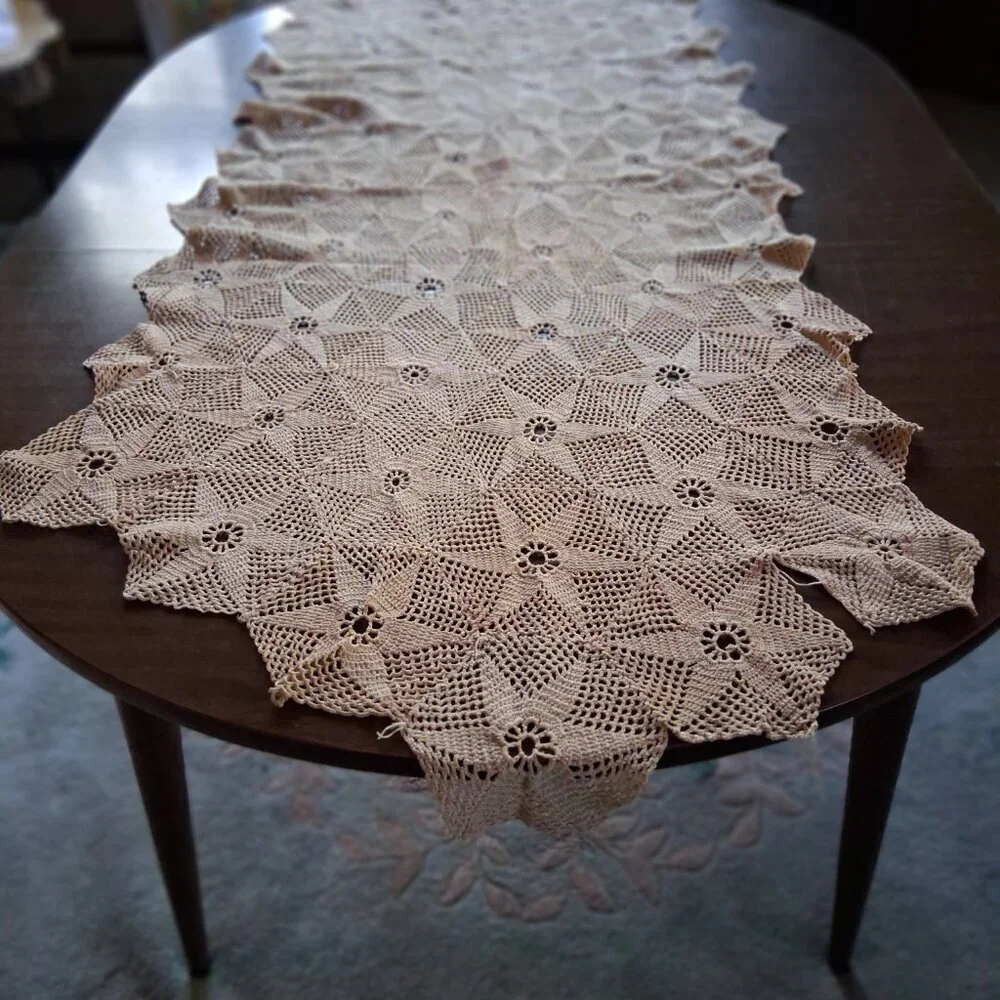 Hand Crocheted Ivory Table Runner • Beige Star Motif • Silk Thread Lace • 64